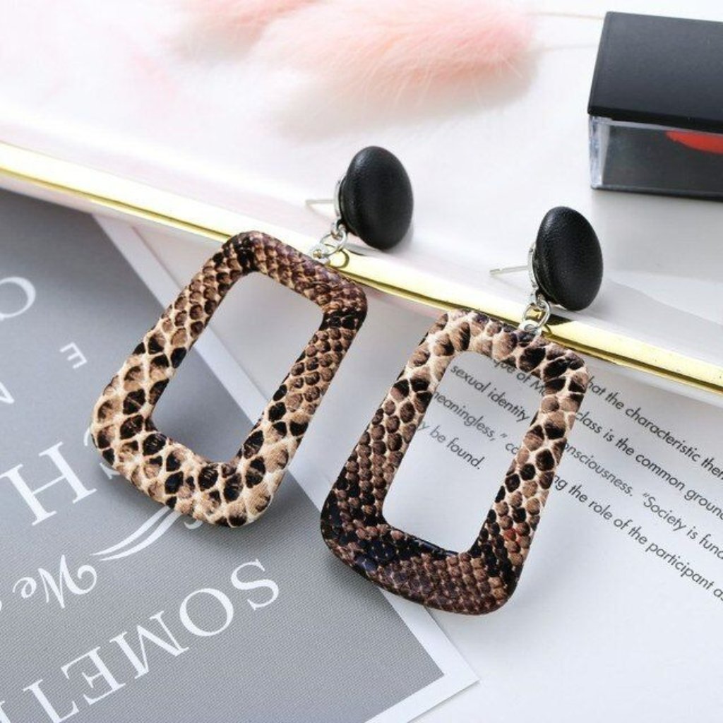 Briella Style Brown Snake Skin Pattern Open Square Dangle Earrings Gift Packaged